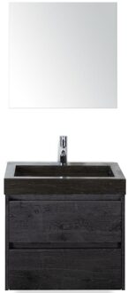 Dante Badmeubelset 60 cm - Black Oak - Wastafel Hardsteen Wit Lucca met Spiegel