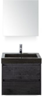 Dante Badmeubelset 60 cm - Black Oak - Wastafel Hardsteen Wit Lucca met Spiegelkast