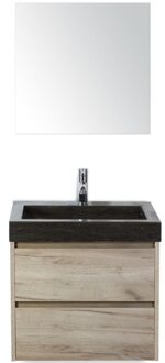 Dante Badmeubelset 60 cm - Craft Oak - Wastafel Hardsteen Wit Lucca met Spiegel