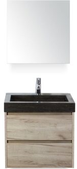 Dante Badmeubelset 60 cm - Craft Oak - Wastafel Hardsteen Wit Lucca met Spiegelkast