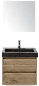 Dante Badmeubelset 60 cm - Natuur Eiken - Wastafel Hardsteen Wit Lucca met Spiegel