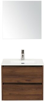 Dante Badmeubelset 60 cm - Walnoot - Keramische Wastafel Wit Cover met Spiegel