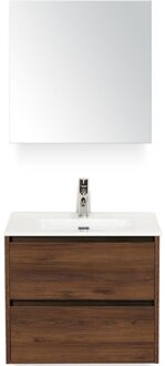 Dante Badmeubelset 60 cm - Walnoot - Keramische Wastafel Wit Cover met Spiegelkast