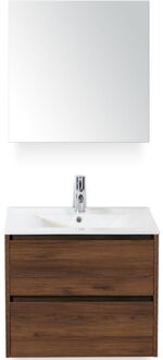 Dante Badmeubelset 60 cm - Walnoot - Keramische Wastafel Wit Enjoy met Spiegelkast