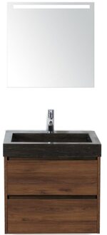 Dante Badmeubelset 60 cm - Walnoot - Wastafel Hardsteen Wit Lucca met Sence Spiegel