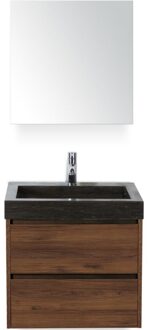 Dante Badmeubelset 60 cm - Walnoot - Wastafel Hardsteen Wit Lucca met Spiegelkast