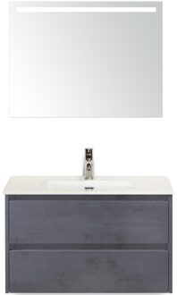Dante Badmeubelset 80 cm - Beton Antraciet - Keramische Wastafel Wit Cover met Sence Spiegel