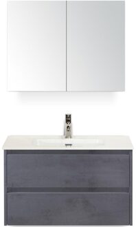 Dante Badmeubelset 80 cm - Beton Antraciet - Keramische Wastafel Wit Cover met Spiegelkast