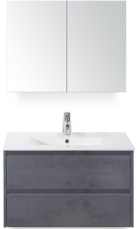 Dante Badmeubelset 80 cm - Beton Antraciet - Keramische Wastafel Wit Enjoy met Spiegelkast