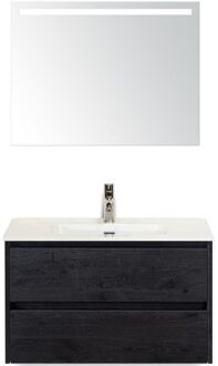 Dante Badmeubelset 80 cm - Black Oak - Keramische Wastafel Wit Cover met Sence Spiegel