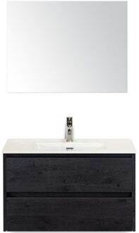 Dante Badmeubelset 80 cm - Black Oak - Keramische Wastafel Wit Cover met Spiegel