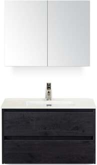 Dante Badmeubelset 80 cm - Black Oak - Keramische Wastafel Wit Cover met Spiegelkast
