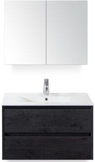 Dante Badmeubelset 80 cm - Black Oak - Keramische Wastafel Wit Enjoy met Spiegelkast