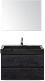 Dante Badmeubelset 80 cm - Black Oak - Wastafel Hardsteen Wit Lucca met Spiegel