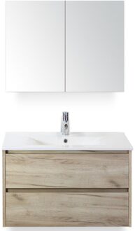 Dante Badmeubelset 80 cm - Craft Oak - Keramische Wastafel Wit Enjoy met Spiegelkast