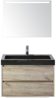 Dante Badmeubelset 80 cm - Craft Oak - Wastafel Hardsteen Wit Lucca met Sence Spiegel