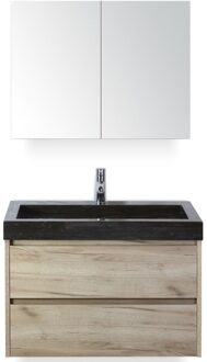 Dante Badmeubelset 80 cm - Craft Oak - Wastafel Hardsteen Wit Lucca met Spiegelkast