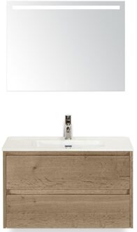 Dante Badmeubelset 80 cm - Natuur Eiken - Keramische Wastafel Wit Cover met Sence Spiegel