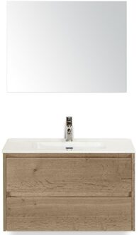 Dante Badmeubelset 80 cm - Natuur Eiken - Keramische Wastafel Wit Cover met Spiegel