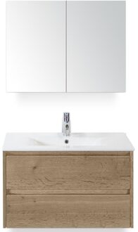 Dante Badmeubelset 80 cm - Natuur Eiken - Keramische Wastafel Wit Enjoy met Spiegelkast