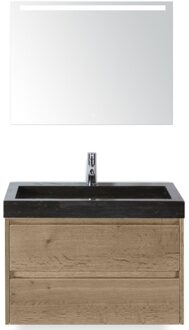 Dante Badmeubelset 80 cm - Natuur Eiken - Wastafel Hardsteen Wit Lucca met Sence Spiegel