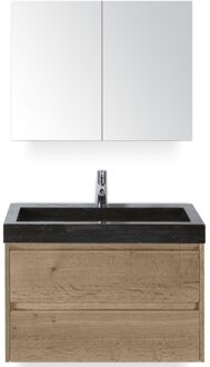 Dante Badmeubelset 80 cm - Natuur Eiken - Wastafel Hardsteen Wit Lucca met Spiegelkast