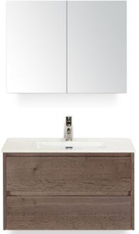 Dante Badmeubelset 80 cm - Tabacco - Keramische Wastafel Wit Cover met Spiegelkast