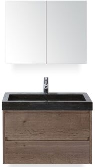 Dante Badmeubelset 80 cm - Tabacco - Wastafel Hardsteen Wit Lucca met Spiegelkast