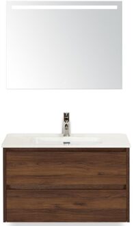 Dante Badmeubelset 80 cm - Walnoot - Keramische Wastafel Wit Cover met Sence Spiegel