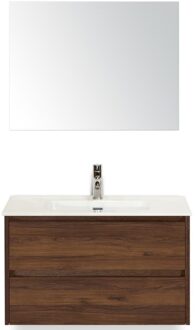 Dante Badmeubelset 80 cm - Walnoot - Keramische Wastafel Wit Cover met Spiegel