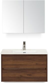 Dante Badmeubelset 80 cm - Walnoot - Keramische Wastafel Wit Cover met Spiegelkast