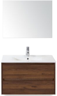 Dante Badmeubelset 80 cm - Walnoot - Keramische Wastafel Wit Enjoy met Spiegel