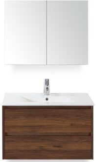 Dante Badmeubelset 80 cm - Walnoot - Keramische Wastafel Wit Enjoy met Spiegelkast