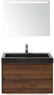 Dante Badmeubelset 80 cm - Walnoot - Wastafel Hardsteen Wit Lucca met Sence Spiegel