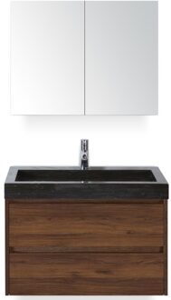 Dante Badmeubelset 80 cm - Walnoot - Wastafel Hardsteen Wit Lucca met Spiegelkast