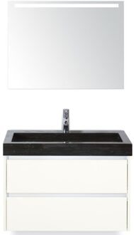 Dante Badmeubelset 80 cm - Wit Hoogglans - Wastafel Hardsteen Wit Lucca met Sence Spiegel