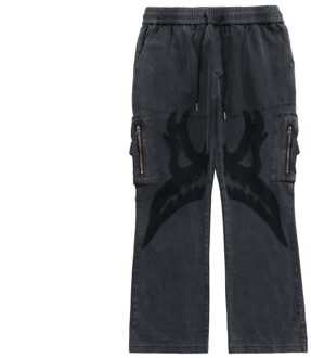 Dark Icoon Patched Zijzakken Cargo Flare Broek Mannen Vrouwen Elastische Taille Street Mannen Broek L / zwart