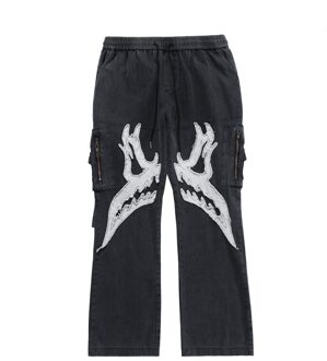 Dark Icoon Patched Zijzakken Cargo Flare Broek Mannen Vrouwen Elastische Taille Street Mannen Broek M / wit