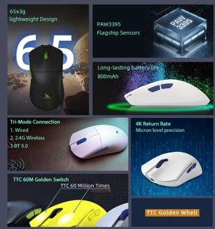 Darmoshark M3 4K Wireless BT5.0 Wired Tri-Mode Rechargeable Gaming Mouse 26000DPI TTC PAM3395 Optical E-sports Mice Custom Drivers For Computer Laptop PC