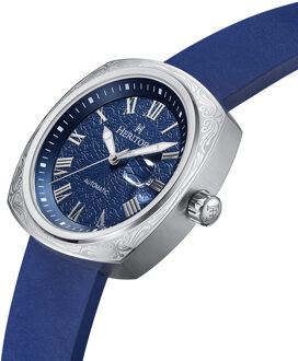Davenport horloge met gegraveerde leren band en datum Blauw