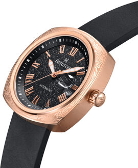 Davenport horloge met gegraveerde leren band en datum Zwart en roségoud - One Size