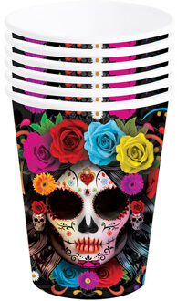 Day of the dead feest bekers - 6x - gekleurd - papier - 240 ml - Feestbekertjes Multikleur