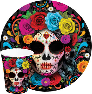 Day of the dead feest servies set - borden/bekers - 24x - gekleurd - papier