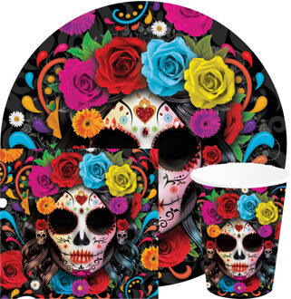Day of the dead feest servies set - borden/bekers/servetten - 36x - gekleurd - papier
