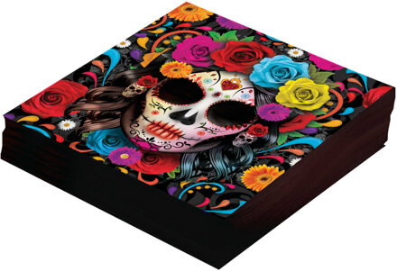 Day of the Dead servetten - 12x - gekleurd - papier - 33 x 33 cm - Feestservetten Multikleur