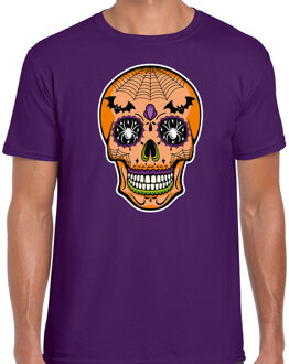 Day of the dead skelet gezicht halloween verkleed t-shirt paars voor heren S - Feestshirts