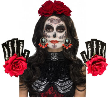 Day of the Dead verkleed accessoire set - diadeem/handschoenen/oorbellen/schmink - Halloween