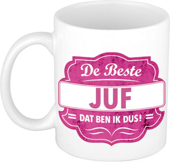 De beste juf dat ben ik dus cadeau mok / beker roze embleem 300 ml - feest mokken