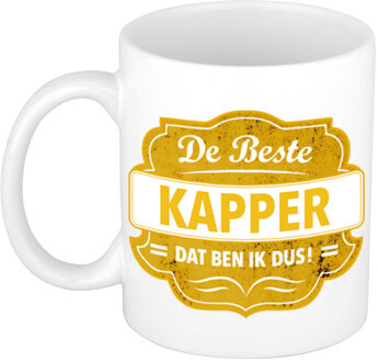 De beste kapper cadeau mok / beker wit met geel embleem 300 ml - feest mokken