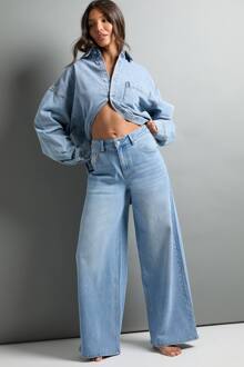 De Jeans Met Midden Taille En Wijde Pijpen, Mid Blue - 10/30L